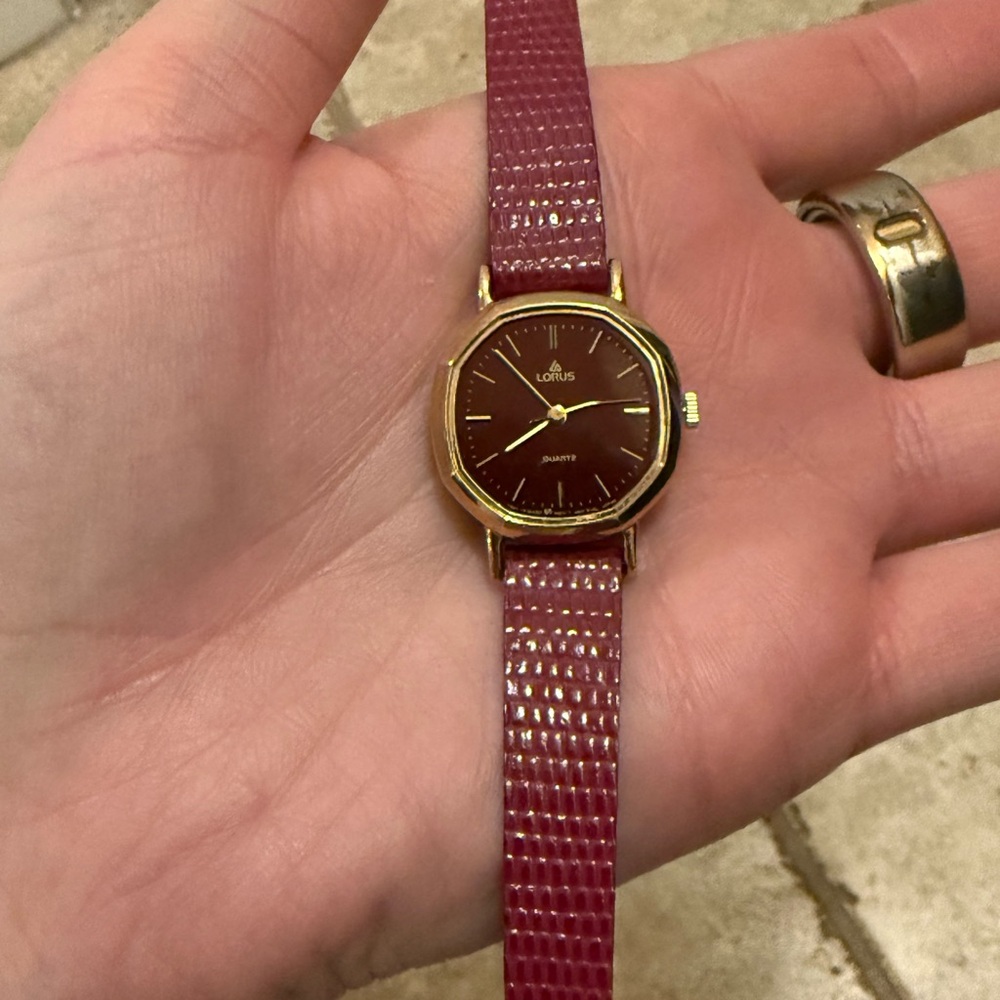 Lorus Women's Burgundy Leather-Strap Watch with Gold Case